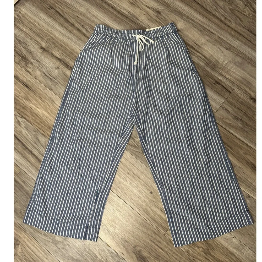 Beachlunchlounge Margot Striped Wide Leg Crop Pants Blue White Size Small NEW